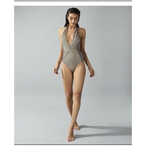 Reiss Women's Plunge V-Neck Print One Piece Halter Swimsuit Blue US Size 4 - Picture 6 of 16